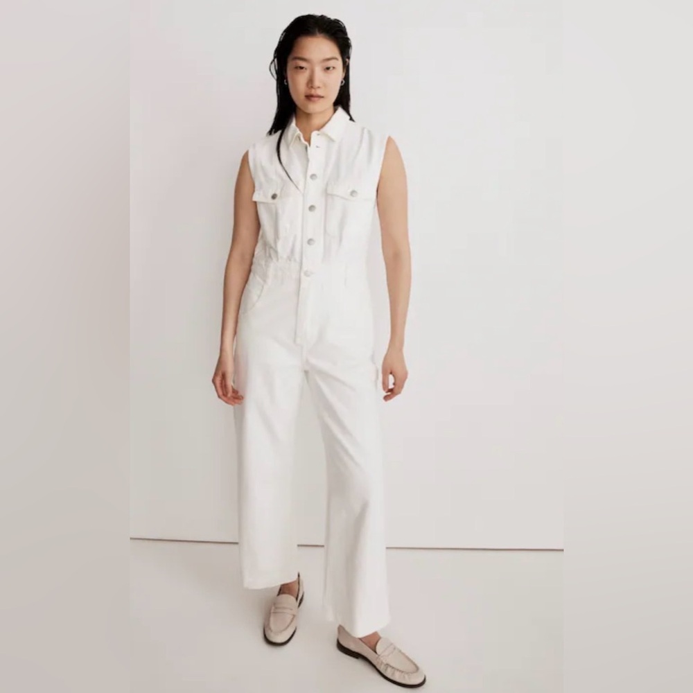 Madewell Denim Sleeveless Carpenter Jumpsuit in Tile While Sz L